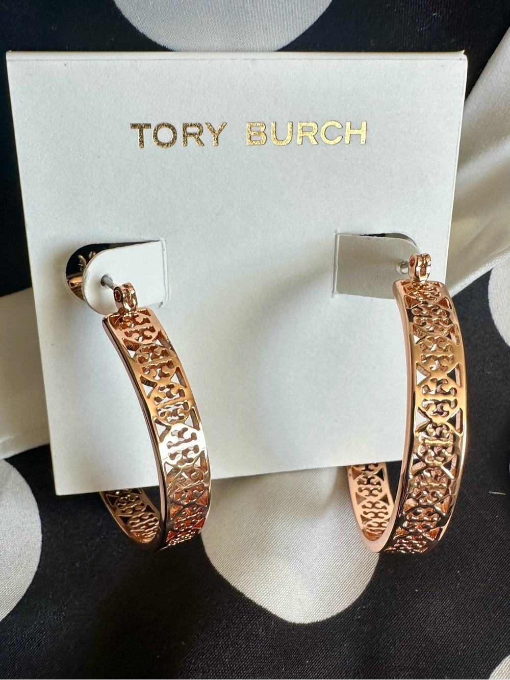 NWT Tory Burch Rose Gold Cut Out  Logo Patterned Hoop Earrings